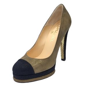 CHANEL CC Logo Cap Toe Platform Pumps Metallic Two-Tone EU 37 G28461